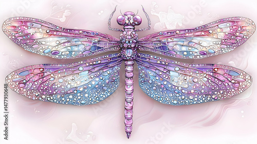 Jewel-toned dragonfly, detailed wings, pink background, nature art, perfect for print