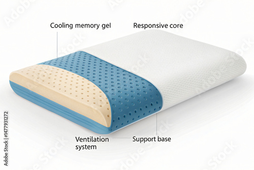 Orthopedic memory foam pillow with cutaway view of internal cooling and support layers