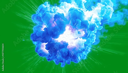 Dynamic Blue Explosion with White Center Isolated on Green Screen for VFX Animation Movie Game Element and Fantasy 3D Rendering