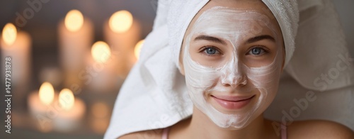 Smiling young woman with a facial mask, enjoying a spa treatment at home with candles in the background.