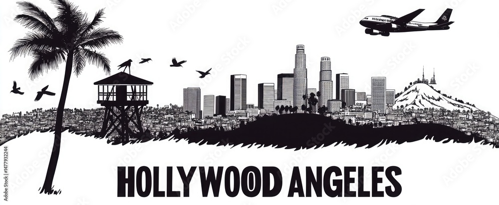 Naklejka premium Black and White Hollywood Angeles Skyline with Airplane and Birds Silhouette