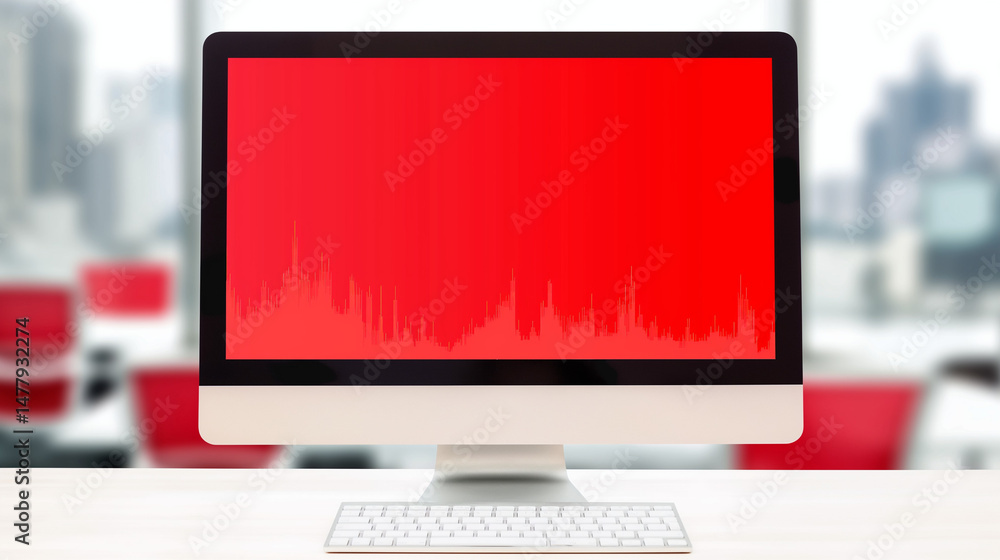 Fototapeta premium Close-up of red graph line sharply declining on computer screen, symbolizing financial market volatility, economic crisis and stock exchange risks.