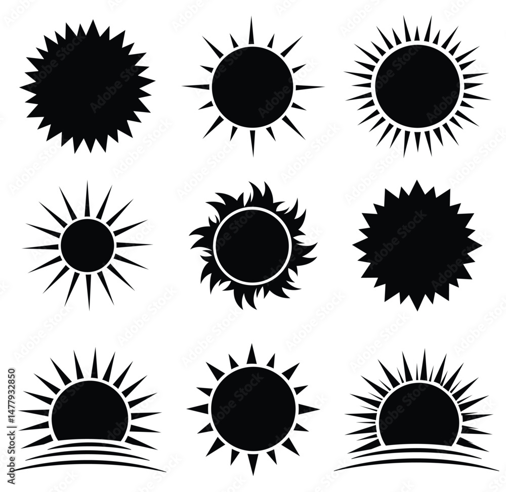 Fototapeta premium Sun icon set. Minimalist black and white sun symbols for design projects isolated on a white background.