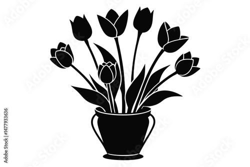 Black Tulip Bouquet in Pot Simple Floral Arrangement Illustration, Monochrome Silhouette
