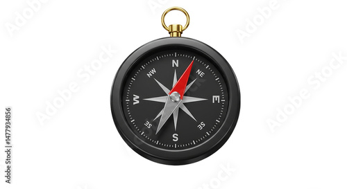 A close up view of a black compass with a red needle on a black background showing direction north