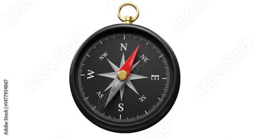 A close up of a black compass with a red needle pointing north on a black background image view
