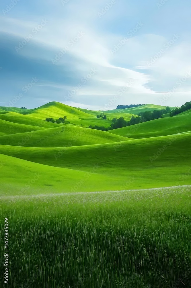 Lush Green Rolling Hills Under Cloudy Sky in Serene Countryside Summer Day Lush Green Rolling Hills Under Cloudy Sky in Serene Countryside Summer Day