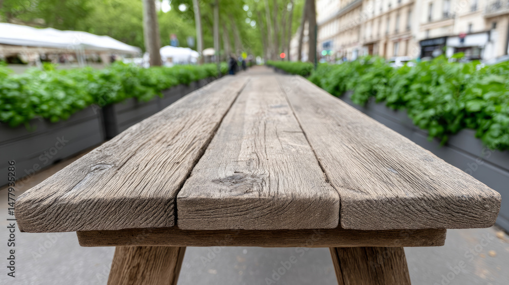 Fototapeta premium Sleek wooden bench whispers tales of picnics past, nestled in urban green, echoing Earth Day and Arbor Week