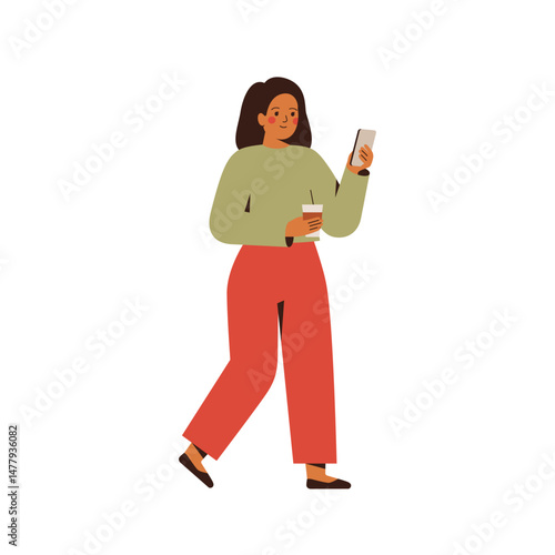Young woman walking with takeaway coffee cup and looking at phone.  Business girl scrolling news or chatting via mobile on the way. vector illustration