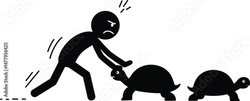 Frustrated Stickman Vector Icon Illustration Pushing Tortoises