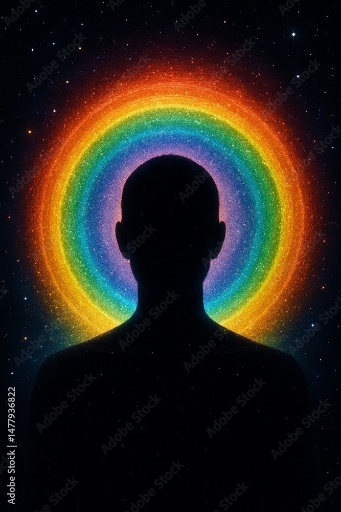 Silhouette of a human being surrounded by the bright glow of iridescent aura, energy field on the background of the starry cosmos, symbolizing the inner world and consciousness. Silhouette of a human being surrounded by the bright glow of iridescent aura, energy field on the background of the starry cosmos, symbolizing the inner world and consciousness.