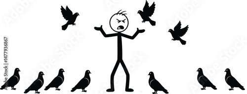 Angry Stickman Vector Icon Illustration A Stick Figure and Pigeons