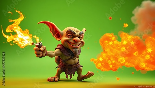 Isometric 3D Goblin with Flame on Green Screen for VFX with Pixelated Texture and Cartoonish Design Holding Burning Object Amidst Orange Smoke Perfect for Movie Game Element Fantasy