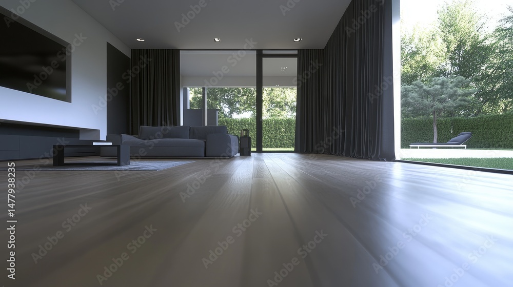 Fototapeta premium Modern minimalist living room interior with patio view.