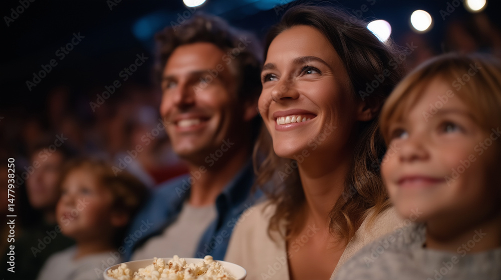 Obraz premium Family enjoying a movie night at the cinema with popcorn