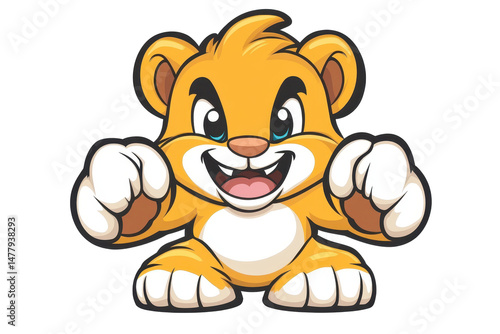 Cartoon Lion Cub Mascot Smiling with Paws Raised on Black Background