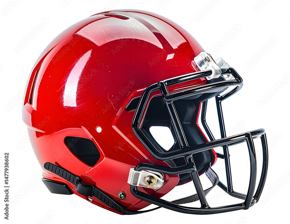 Fototapeta premium Rugby football helmet png Gridiron football helmet png red Gridiron gear png American football accessory png rugby football gear transparent background png image