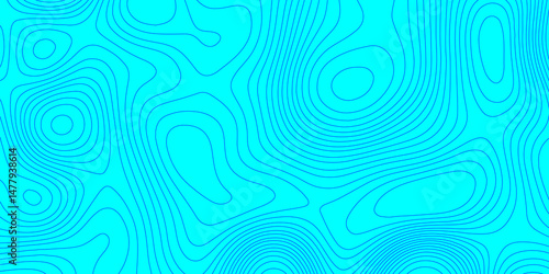 Blue line cyan color landscape geodesy topography wavy lines map background, blue cartographic pattern for trendy modern background and abstract curved reliefs geography texture and seamless design.