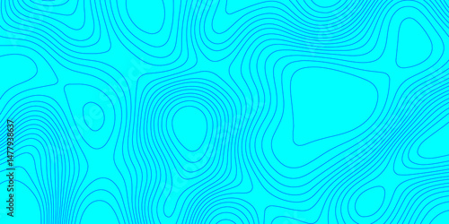 Blue line cyan color landscape geodesy topography wavy lines map background, blue cartographic pattern for trendy modern background and abstract curved reliefs geography texture and seamless design.