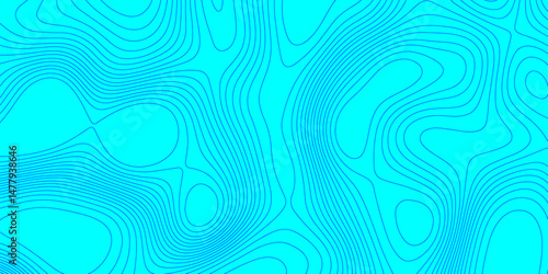 Blue line cyan color landscape geodesy topography wavy lines map background, blue cartographic pattern for trendy modern background and abstract curved reliefs geography texture and seamless design.