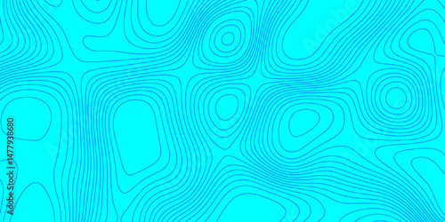 Blue line cyan color landscape geodesy topography wavy lines map background, blue cartographic pattern for trendy modern background and abstract curved reliefs geography texture and seamless design.