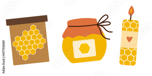 Set with beeswax elements. Jar with honey. Candle from beeswax.