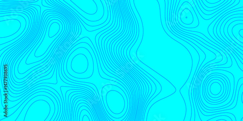 Blue line cyan color landscape geodesy topography wavy lines map background, blue cartographic pattern for trendy modern background and abstract curved reliefs geography texture and seamless design.