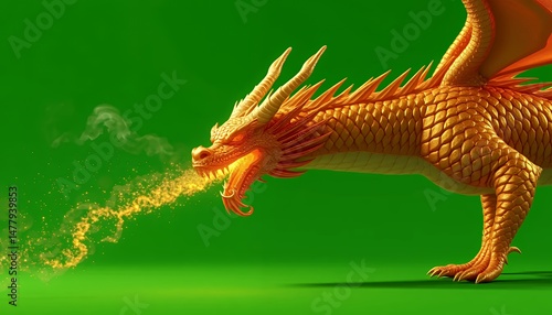 Isometric Golden Dragon Breathing Smoke Isolated on Green Screen 3D Rendered Ready for Visual Effects Fantasy Game Elements Detailed Scales and Glowing Particles for Seamless Chroma Key Integration