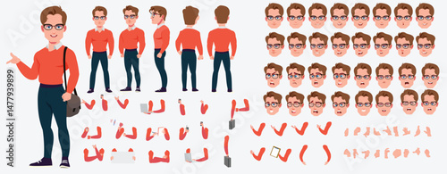 Man Character design. Front, side, back view and explainer animation poses. Character set with lip sync and facial expressions of Happy, angry, sad, Joy with Side walk cycle animation sequence sprite 