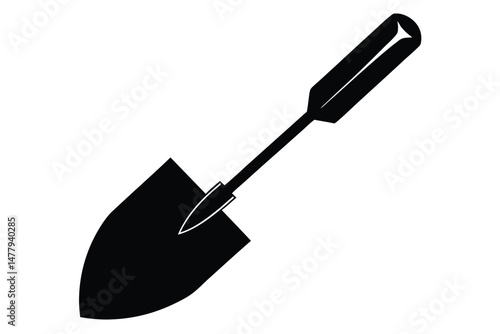 Black Silhouette of Garden Trowel with Angled Blade and Grooved Handle Design