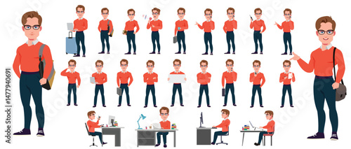 Man Character design. Front, side, back view and explainer animation poses. Character set with lip sync and facial expressions of Happy, angry, sad, Joy with Side walk cycle animation sequence sprite 