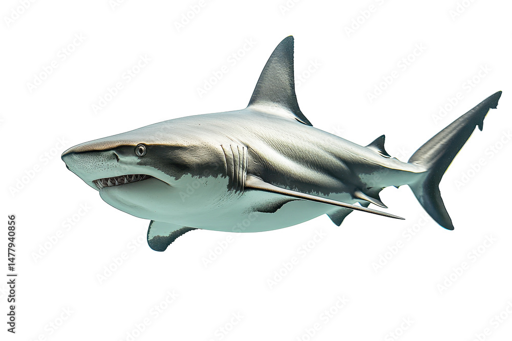 Obraz premium Great White Shark Swimming in Dark Ocean Water, Showing Teeth and Gills
