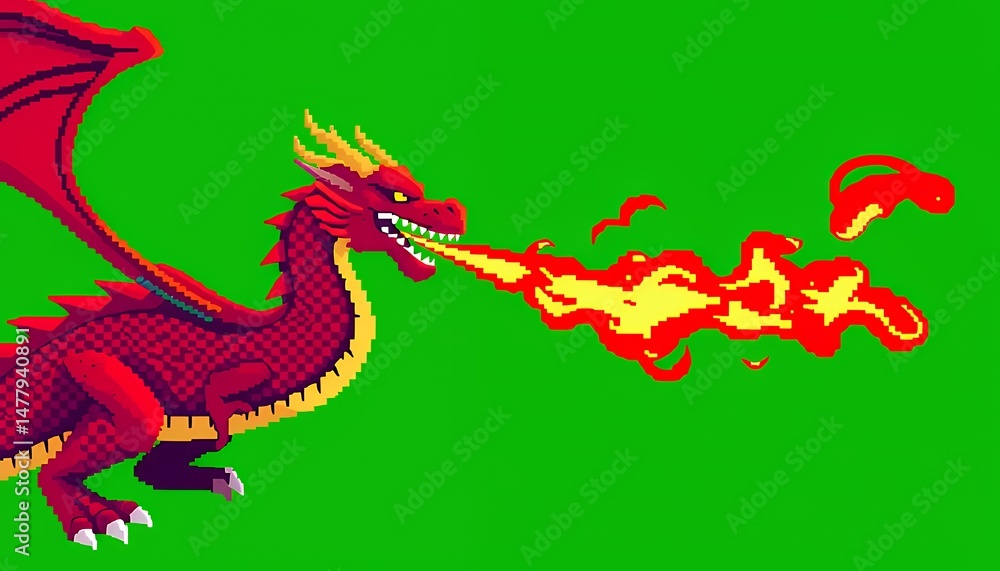 Obraz premium Isometric Pixel Art Red Dragon Exhaling Fire Isolated on Green Screen for VFX Movie Game and Fantasy Element Creation with Detailed Scale Pixelated Design Perfect for Clip Art and Decoration