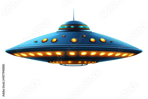 Classic Flying Saucer Cartoon Illustration UFO with Lights in Dark Space Sky