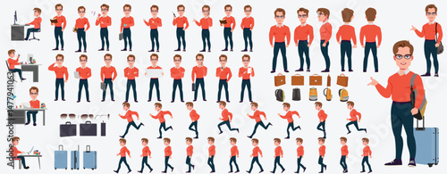 Man Character design. Front, side, back view and explainer animation poses. Character set with lip sync and facial expressions of Happy, angry, sad, Joy with Side walk cycle animation sequence sprite 