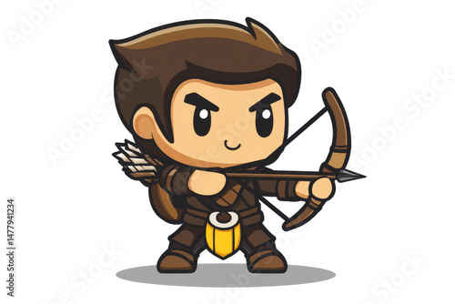 Cartoon Archer Character Aiming with Bow and Arrow, Isolated on Black Background