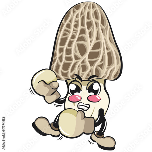 Cute Morchella mushroom vektor illustration mascot character practicing boxing wearing boxing glove, work of hand drawn