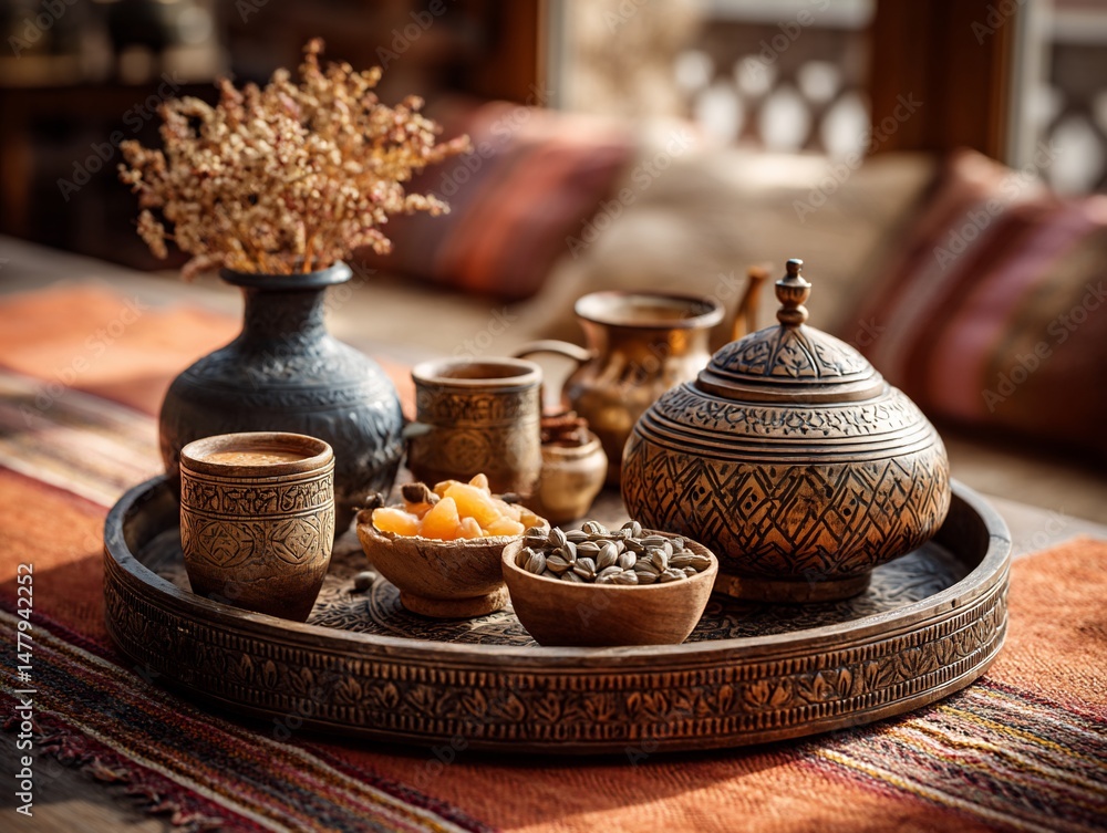 Fototapeta premium Ornate tray brimming with Middle Eastern delights