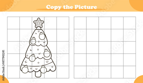 Fun copy-the-image activity game for kids featuring Christmas tree in cartoon style