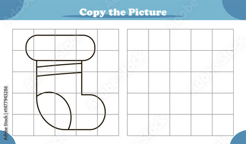 Copy the image activity game for kids with Christmas sock in cartoon style