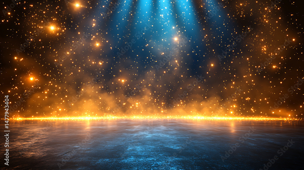 Naklejka premium Abstract space background with golden stars and blue light rays over a reflective surface