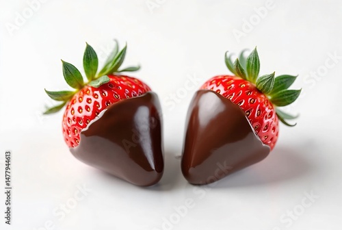 Two Fresh Strawberries Partially Dipped in Glossy Dark Chocolate, Positioned with Their Tips Facing Each Other on a Neutral Background
