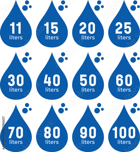consumption infographic with blue droplets displaying different liter values from 11 to 100