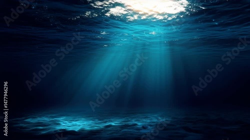 Underwater scene with sunlight and rays illuminating the ocean floor shows the beauty of marine environment