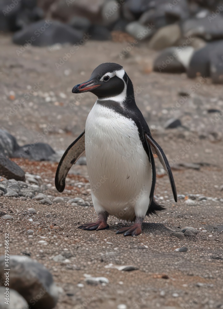 Naklejka premium Humboldt penguin preening feathers on rocky beach, wild, humboldt penguin, beach