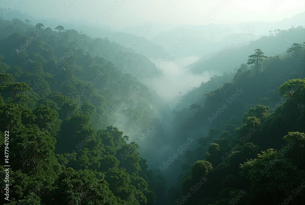 Obraz premium Mist-Filled Valley Surrounded by a Dense Green Forest, Creating a Serene and Mysterious Natural Landscape 