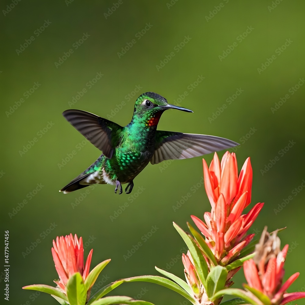 Obraz premium Hummingbird feeding on a red flower in a garden.jpg