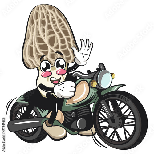 Cute Morchella mushroom vektor illustration mascot character riding a big motorcycle, work of hand drawn