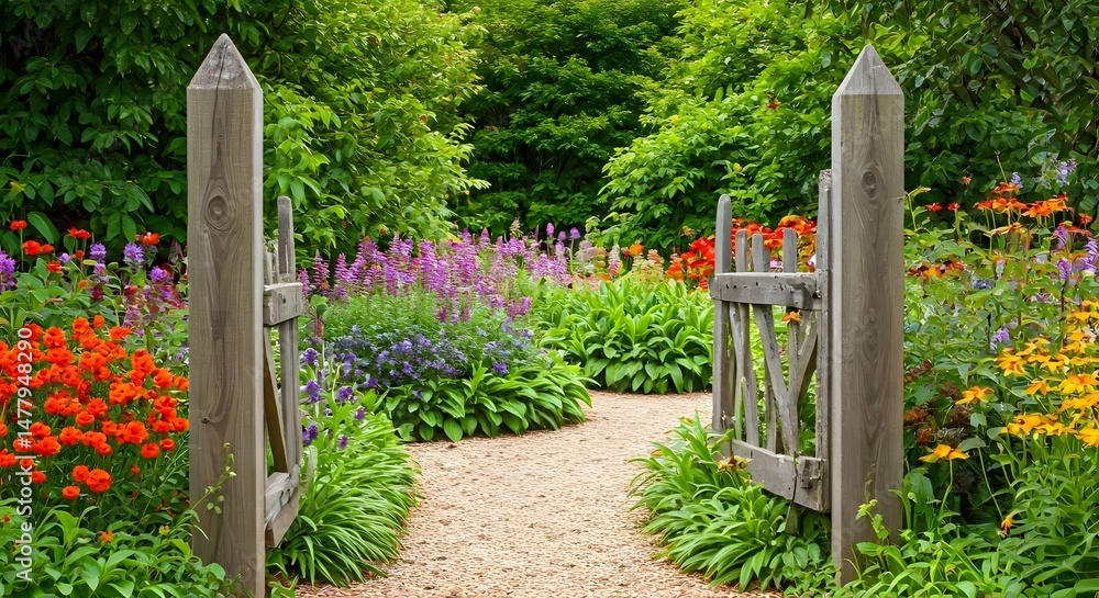 Naklejka premium Rustic garden gate leading into flower beds.jpg