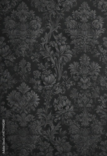 Charcoal grey floral damask wallpaper  Small scale repeating pattern , illustration, flower, textile
